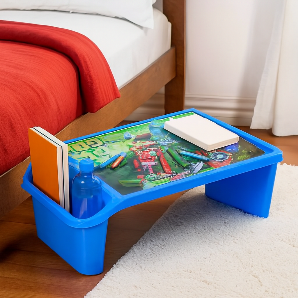 Kids Portable Study Table – Multifunctional Plastic Desk with Side Storage (56x40x30 cm) (Random Color)
